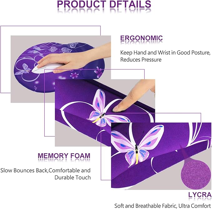 ArtSo Upgraded Wrist Rest Support for Mouse Pad & Keyboard, Ergonomic Gel Mousepad Non-Slip Rubber Base Home,Office Pain Relief, Easy Typing Cushion Neoprene, Soft Memory Foam, Purple Heart Butterfly