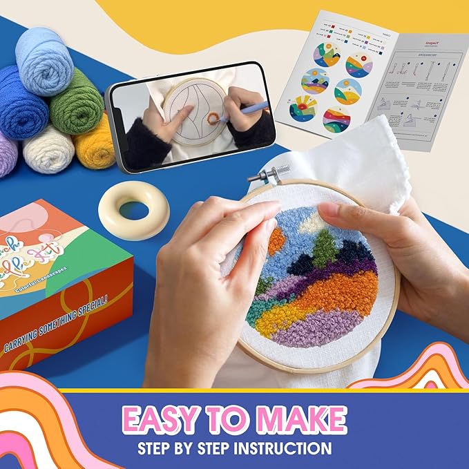 yuegool 6PCS Landscapes Punch Needle Coasters Kit,Easy DIY Punch Needle Embroidery Kit for Beginners Adults Kids Including Patterns, Tools, Yarns, Hoop, Instruction, Coaster Holder Art Craft Supplies