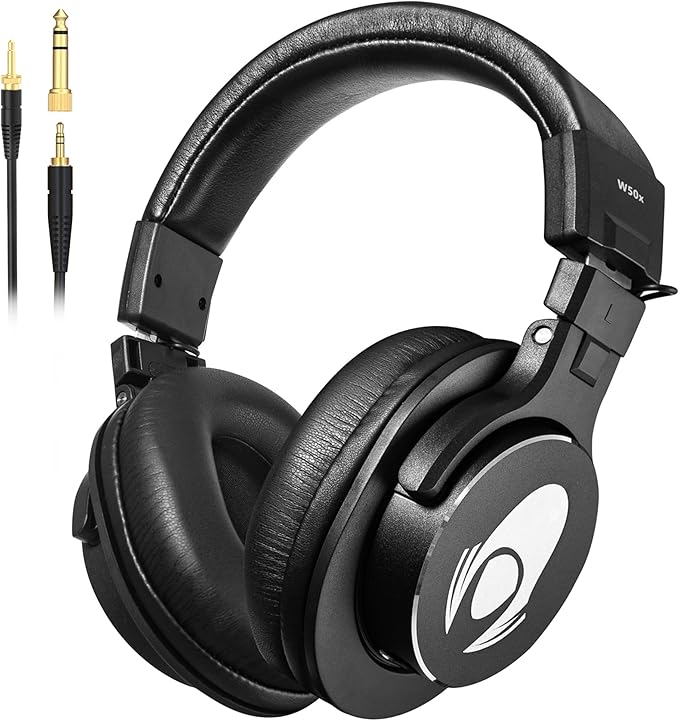 Wired Over Ear Headphones Studio Monitor Podcast Closed Back Headsets with 50mm Neodymium Drivers and 1/4 to 3.5mm Jack for AMP Computer Recording Mixing DJ Guitar Keyboard Laptop - Black