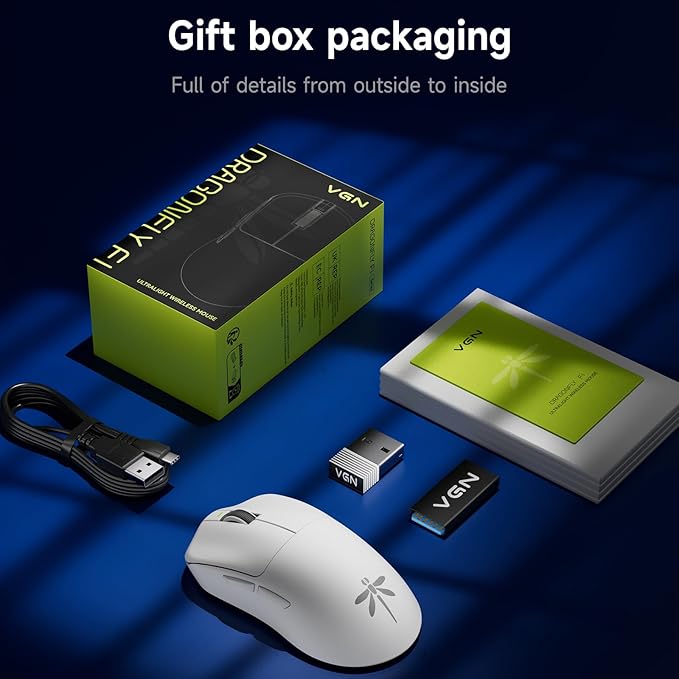 VGN F1 Pro Max Wireless Gaming Mouse - 55g Ultralight - 26000 Adjustable DPI - 1000Hz Polling Rate - 200h Battery - Wireless & Wired Mode - 6 Programmable Buttons - Professional Grade - USB-C - White