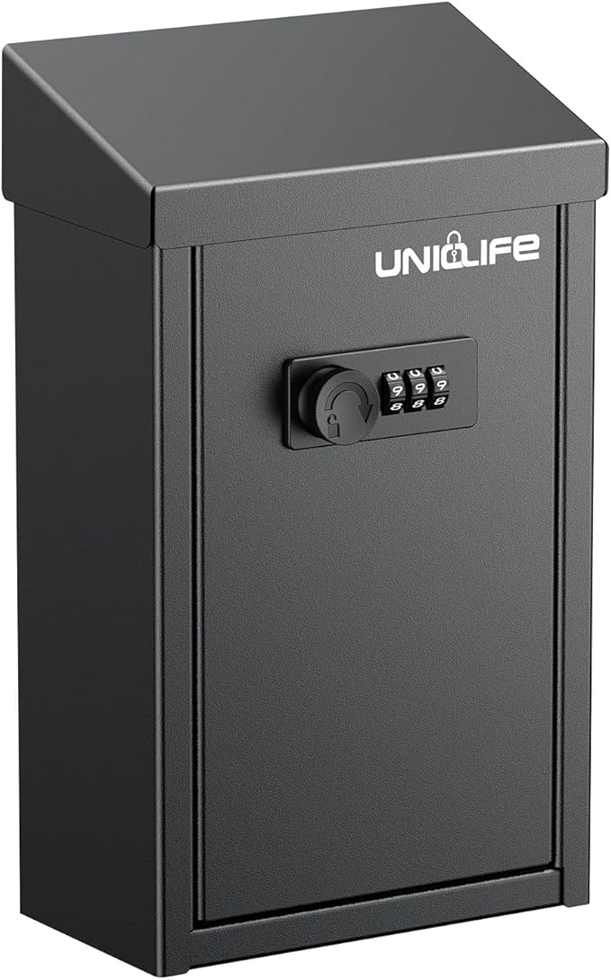 Uniclife Key Drop Box for Outside, Metal Donation Box Collection Box with Combination Lock, Safe Suggestion Box, Wall Mounted Mailbox with Top Slot, Steel Cash Drop Box for Home Office and Business