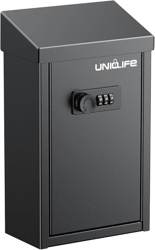 Uniclife Key Drop Box for Outside, Metal Donation Box Collection Box with Combination Lock, Safe Suggestion Box, Wall Mounted Mailbox with Top Slot, Steel Cash Drop Box for Home Office and Business