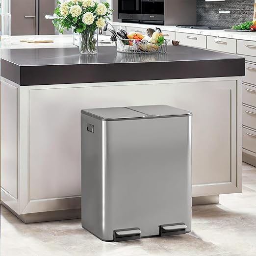 PayLessHere Trash Can, 16 Gallon (2x8G) 60 Liter Rectangular Trash Cans Stainless Steel Step Trash Can with Inner Buckets and Hinged Lids, Suitable for Kitchen Office Home Use,Silver