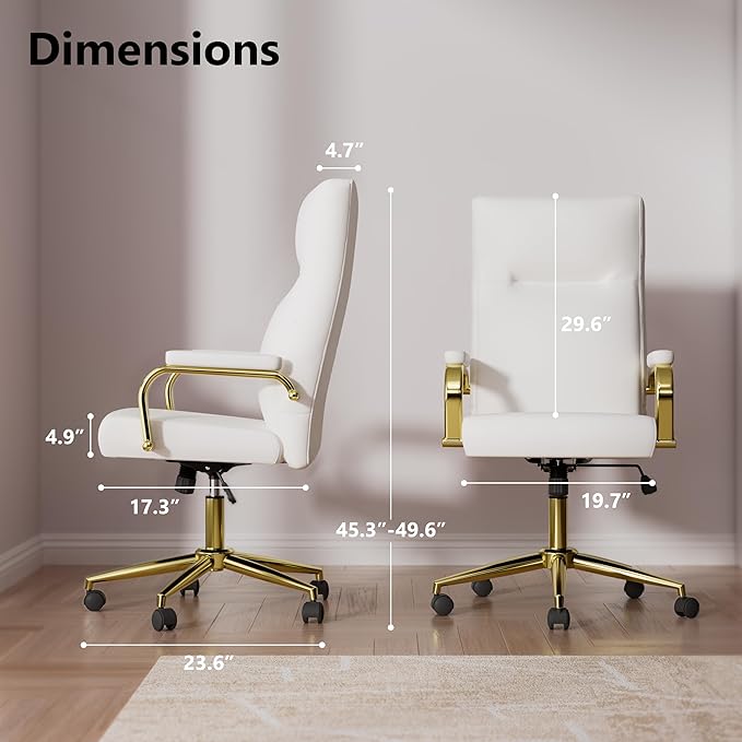 White and Gold Office Chair Memory Foam, White Leather Computer Desk Chairs with Wheels and Arms, High Back Executive Office Chair for Girl and Women
