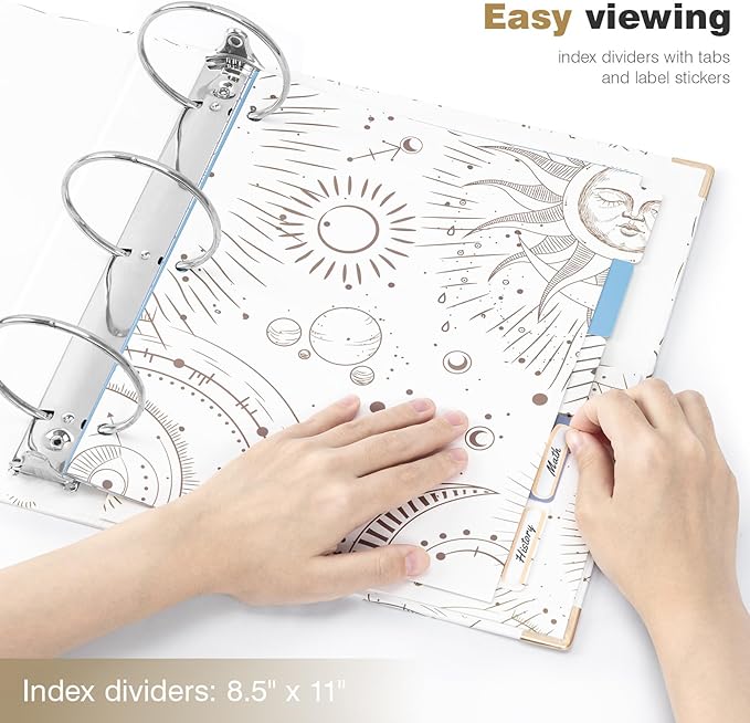 Ospelelf 3 Ring Binder 3 Inch, Cute Binder for Letter Size (11" x 8.5") with 5 Tab Dividers, File Folder Labels and Low Profile Clipboards, Tarot Cards Binder for School Supplies and Office Supplies