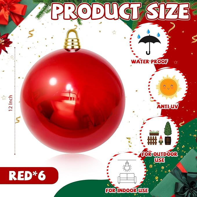 6 Pcs Christmas Ball Ornaments 12 Inch UV Resistant and Waterproof Shatterproof Shiny Plastic Christmas Tree Hanging Ornaments Decoration for Indoor Outdoor Holiday Party(Red)