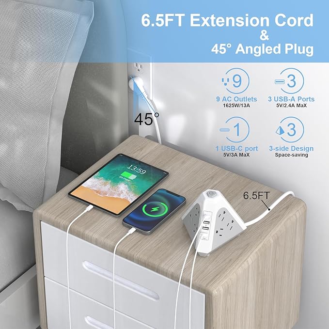 Tower Surge Protector Power Strip, NVEESHOX 9 AC Outlets with 4 USB Ports (1 USB C) 3-Side Triangle Outlets with USB Ports,6.5 Ft,Flat Plug, Charging Station with Surge Protection