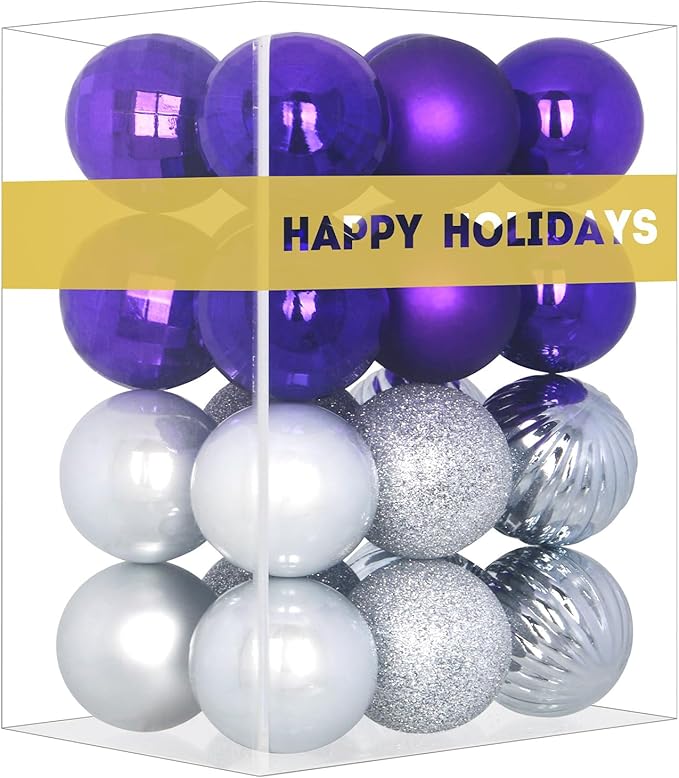 Purple & Silver 1.6" Small Christmas Balls Christmas Tree Decoration Ornaments Shatterproof Hanging Balls for Birthday Halloween Holiday Wedding Decorations Set of 24pcs