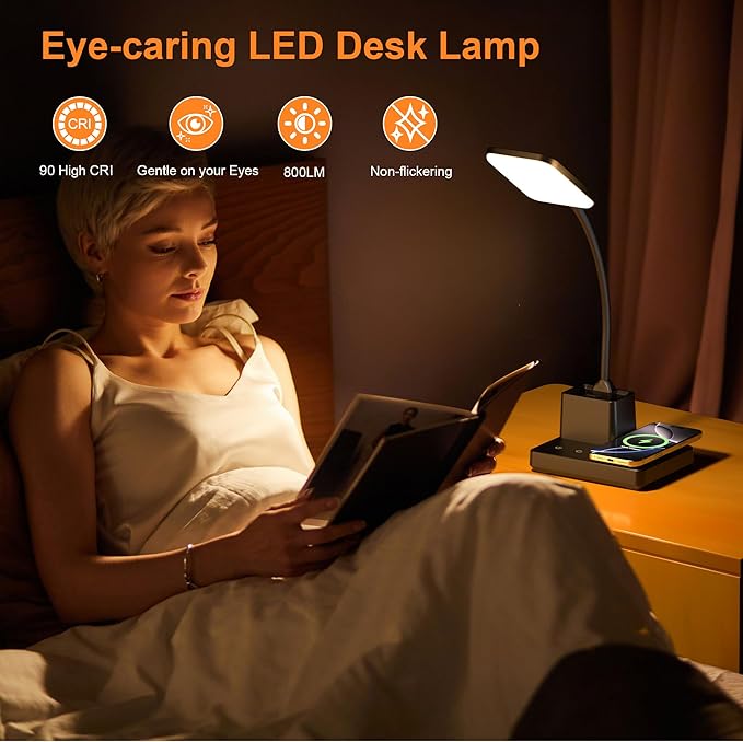 Sailstar Desk Lamp, Table Lamp with Wireless Charger & USB Port, 800LM CRI95 3 Color Modes Dimmable Touch Flexible Arm Pen Holder, LED Desk Lamps for Home Office, College Dorm Room, Adapter Included