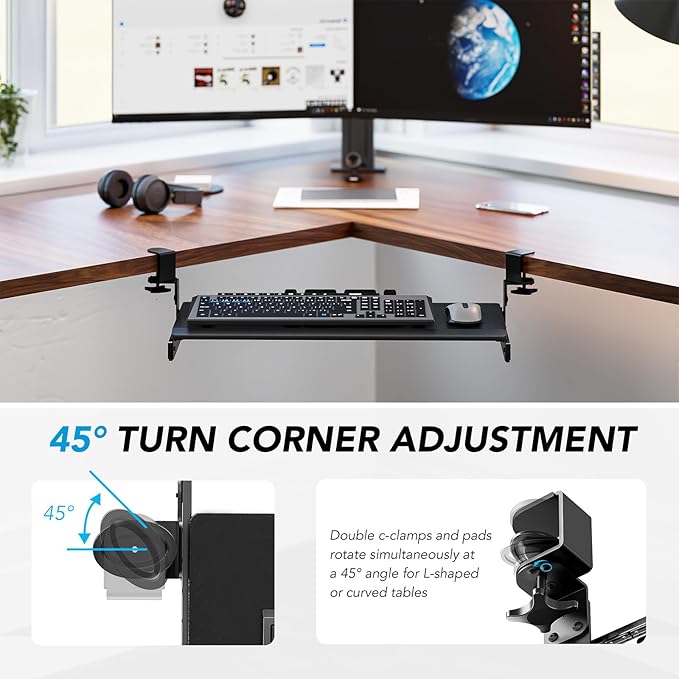AX WABER Keyboard Tray Under Desk Pull Out with Extra Sturdy Adjustable C Clamp Mount System, 27.3 (32.5 inch Including Clamps) x 11 Inch Slide-Out Platform Computer Drawer for Typing, Black,AX01WB01