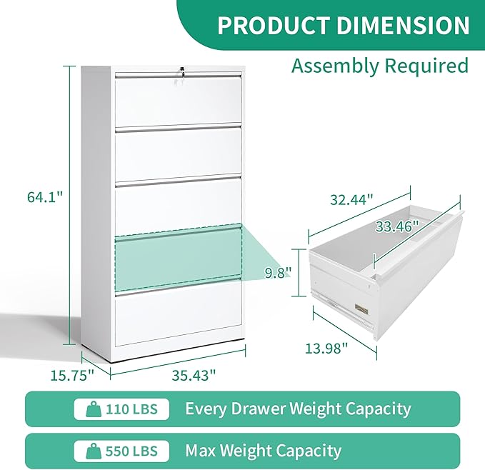 5 Drawer Lateral File Cabinets with Lock Office Filing Cabinet Steel Storage Cabinet Wide Horizontal Filing Metal Cabinets for Files Legal/Letter/A4 Size Assembly Required Assembly Required
