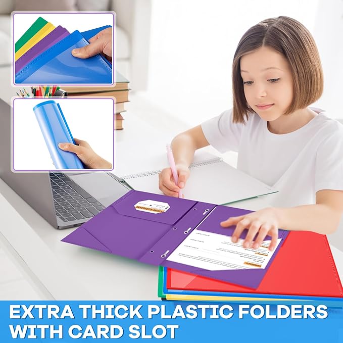 Henoyso 18 Pcs Plastic Folder with Clear Front Pocket and 3 Prong Plastic Folders with Card Slot Pocket Folders with Prongs for School Office (Colorful)