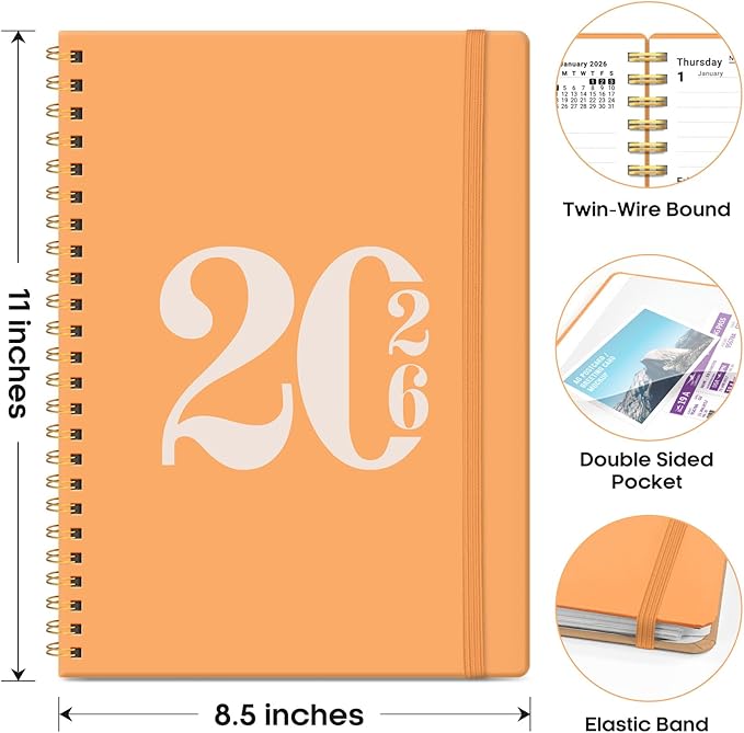 2026 Planner, Weekly and Monthly Calender Planner, Jan 2026 to Dec 2026, Hardcover 2026 Calendar Planner Book with Tabs & Inner Pocket, Office Home School Supplies for Women & Men - A4 (8.5" x 11"), Bright Orange
