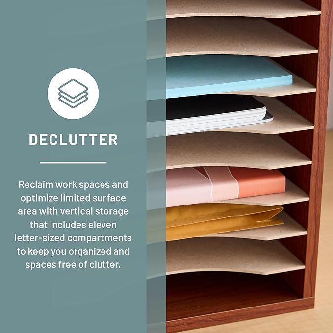 Safco Vertical Literature Organizer, 11 Compartments, Office and Classroom Mailbox with Adjustable Shelves, Wood Paper and Mail Sorter, Cherry