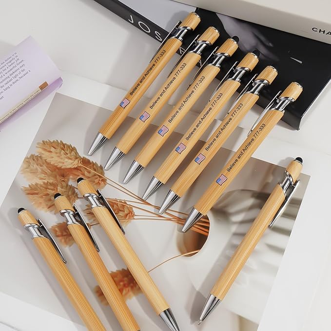 Personalized Pen Bamboo Pen with Stylus -Customizable Text Logo Name Ballpoint Pens with Black Ink-Personalized Gift Ideas for Office School Business Home(10 Count/Pack)