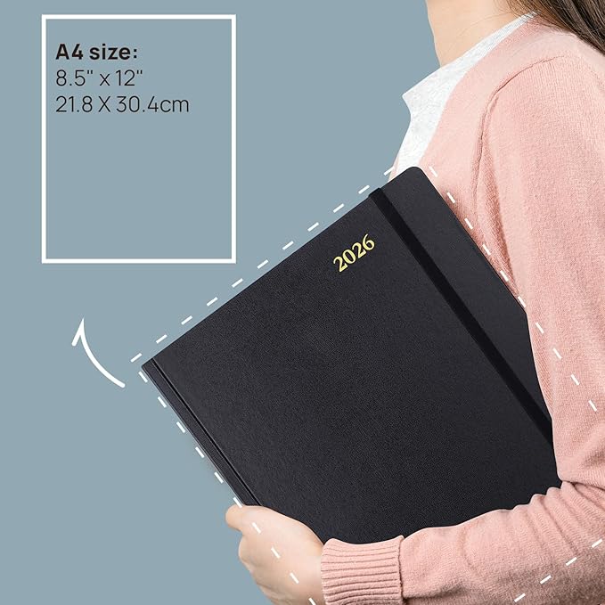 POPRUN 2026 Daily Planner One Page Per Day Even Weekends A4 Large Size (8.5" x 12") - 12 Months Calendar Hourly Appointment Book with Inner Pocket, Pen Holder, Hardcover - Light Yellow