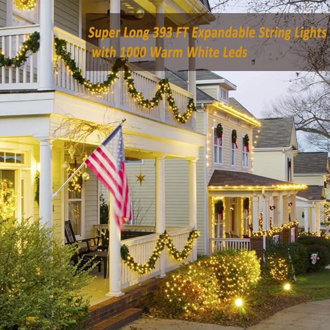 Haili 1000 Led Christmas Lights, Plug in 8 Lighting Modes Waterproof, Outdoor Christmas Lights for Tree Yard Party Indoor Outside Decorations (393FT, Warm White)
