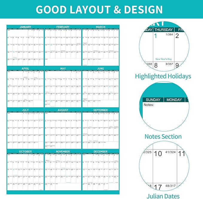 2026 Wall Calendar 24" x 36" Dry Erase Calendar for Wall from January 2026 to December 2026 12 Month Annual Large Yearly Wall Planner for Office School(Green)