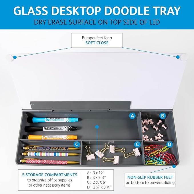 Glassboard Studio Glass Dry Erase Doodle Tray for Desktop Office Supply Storage - Marker and Eraser Included (8 Markers, Gray)