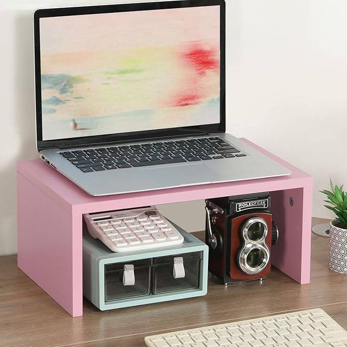 TEAMIX Pink Monitor Stand Riser-6.7 inch, Wood Higher Monitor Riser with Storage for Desk, Laptop Riser Computer PC Stand for Desktop Workspace Home Office(Pink-Higher)