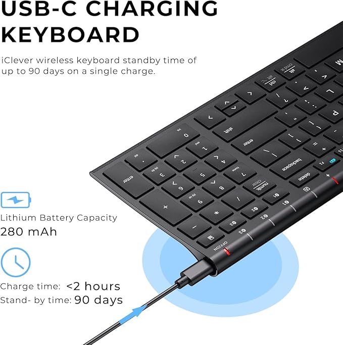 iClever BK10 Bluetooth Keyboard, Universal Bluetooth 5.1 Wireless Keyboard with Number Pad, Ergonomic Design, Multi-Device Compatibility, Stable Connection for Mac, iPad, iPhone, Android, Windows