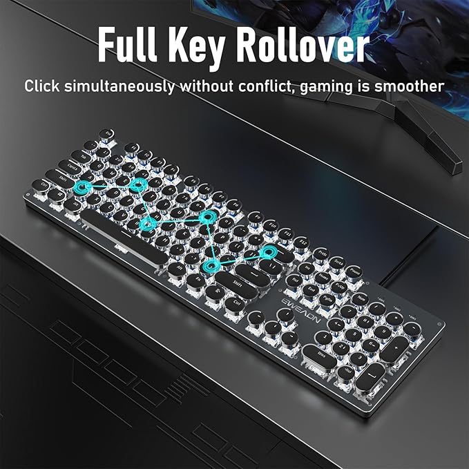 EWEADN TK100 Typewriter Keyboard Wired Mechanical Keyboard, 104 Keys Aesthetic Typewriter Keyboards with White Backlit, Anti-Ghosting, Blue Switch Wired Cute Keyboards-Black