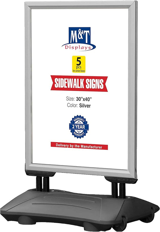 M&T Displays WindPro Weather and Wind Resistant Outdoor Pavement Curb Sidewalk Sign Holder for 30x40 Inch Posters Silver Aluminum Easy Front Loading Snap Frame Durable HDPE Black Water Base (5 Pack)