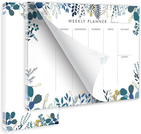 Weekly Planner Notepad Tear Off Set of 2 Weekly Calendar Pad 52 Undated To Do List Notepad Sheets Desk Planner Planning Pads Productivity Tracker for Work Goals Notes Schedule Ideas, Floral Blue