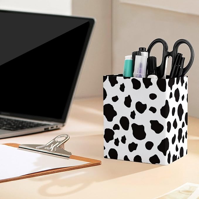 Square Pen Holder & Pencil Organizer for Desk - Office Storage Organizer, Markers/Makeup Brushes/Scissors Holder, Compact Desk Decor Accessories for Home Classroom School(Cows Print)