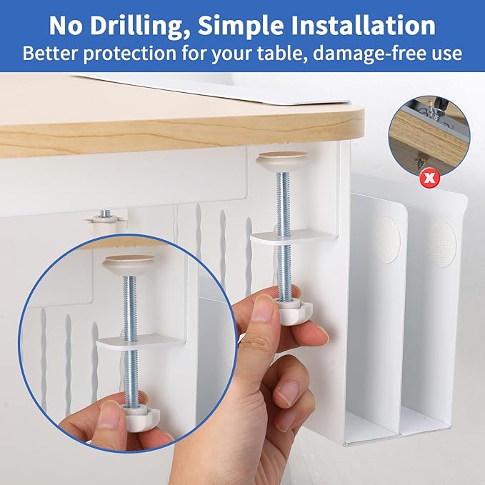 LUKETURE Desk Side Storage, 2 Tier Steel Side Desk Organizer, No Drill Laptop Holder, Clamp on Laptop Mount with Pen Holder, Fits Flat Edge Tables 0.3" to 2.8" (White, L(2 Tier))