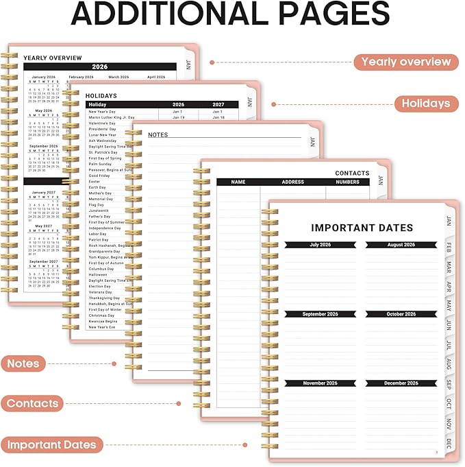 2026 Planner, Weekly and Monthly Calender Planner, Jan 2026 to Dec 2026, Hardcover 2026 Calendar Planner Book with Tabs & Inner Pocket, Office Home School Supplies for Women & Men - A4 (8.5" x 11"), Pink