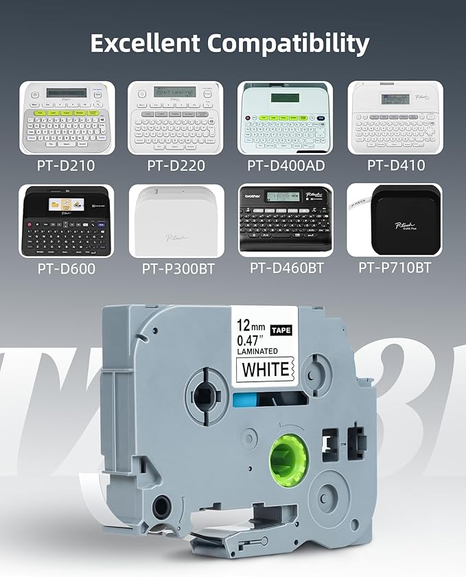 Label Maker Tape 12mm 0.47 White Replacement Brother Label Maker Tape, P-Touch Label Tape, Compatible with Brother PT-D210 H110 D220 D410 D600, 4-Pack