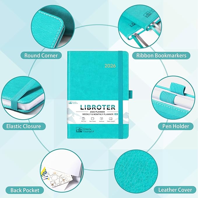 2026 Planner - Planner 2026, 2026 Weekly Monthly Planner, Jan.2026 - Dec.2026, 5.7'' x 8.4'', Thick Paper, Leather Cover, Pen Holder, Back Pocket, Bookmarks, Perfect Daily Organizer - Green