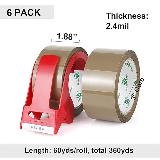 BOMEI PACK Brown Packing Tape with Dispenser, 2.4 Mil 1.88 Inch x 60 Yards, 6 Refills Rolls Packaging Tape for Moving, Shipping and Storage