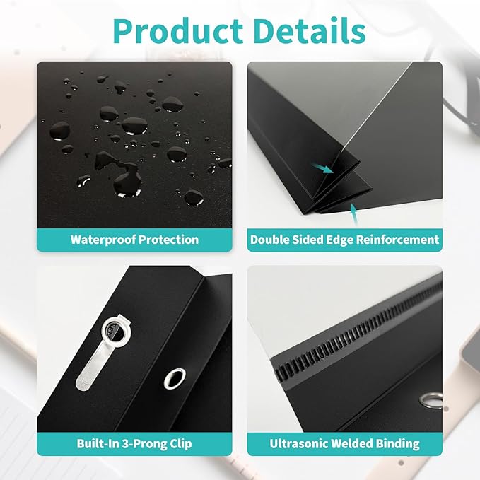 Binditek 100 Pack Clear Front Report Covers with 3 Prongs, 100-Sheet Capacity, Heavy-Duty Plastic Report Folder with Black Back Covers, 3 Metal Prongs Fasteners, for Letter Size, Office Supplies