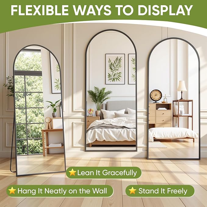 Full-Length Floor Mirror with Stand, 81"x41" Arched Style Full Body Standing Mirror for Bedroom, Living Room, Gym, Dorm - Shatter-Resistant & Easy Assembly, Black