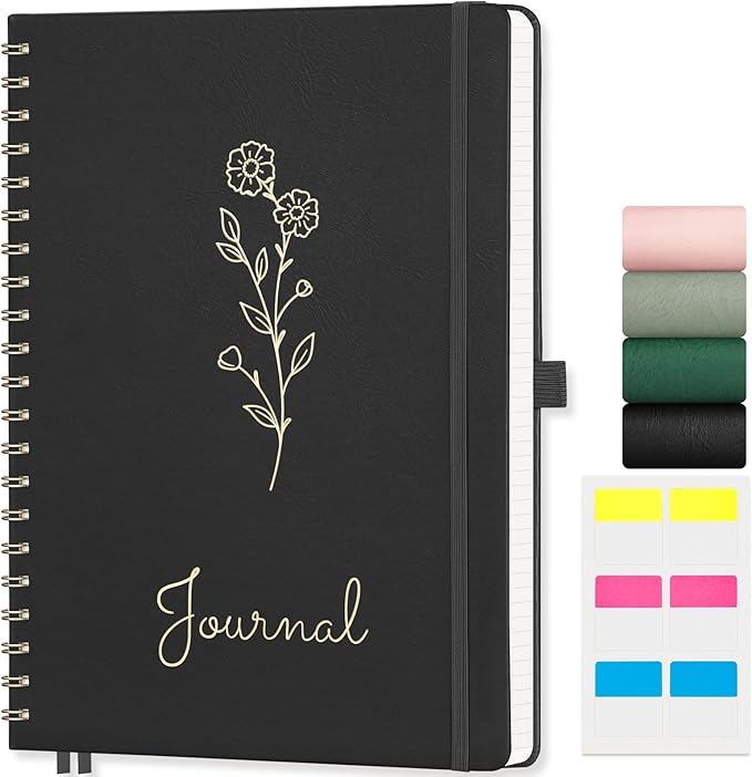 EMSHOI A4 Graph Grid Notebook - 110 Pages 100GSM Grid Paper, Vegan Leather Floral Cover with Spiral Binding for Engineering, Bullet Journaling, School & Work - Includes Ruler, Pockets & Stickers-Black