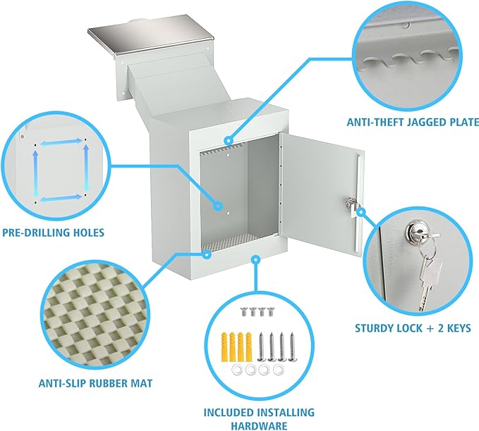Pochar Through The Wall Drop Box with Lock - Wall Mailbox with Rainproof Cover & 10inch Adjustable Chute - Heavy Duty Locking Key Drop Box Deposit Safe for Mail, Rent, Cash, Payment (Off-White)