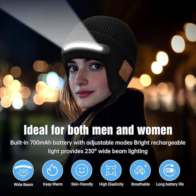 Bluetooth Beanie with Light, Headlamp Hat with Headphones and Built-in Speaker Mic, Unique Christmas Gifts for Men Husband
