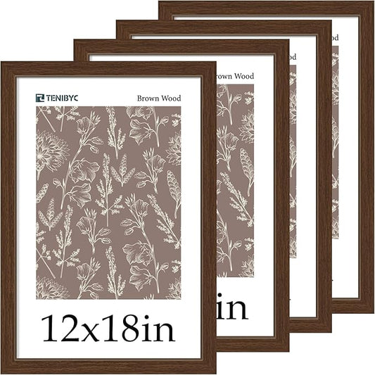 12x18 Frame Set of 4 - Brown Grain, Natural Wood & HD Tempered Glass, 12x18 Poster Frame, Vertical & Horizontal Wall Hanging