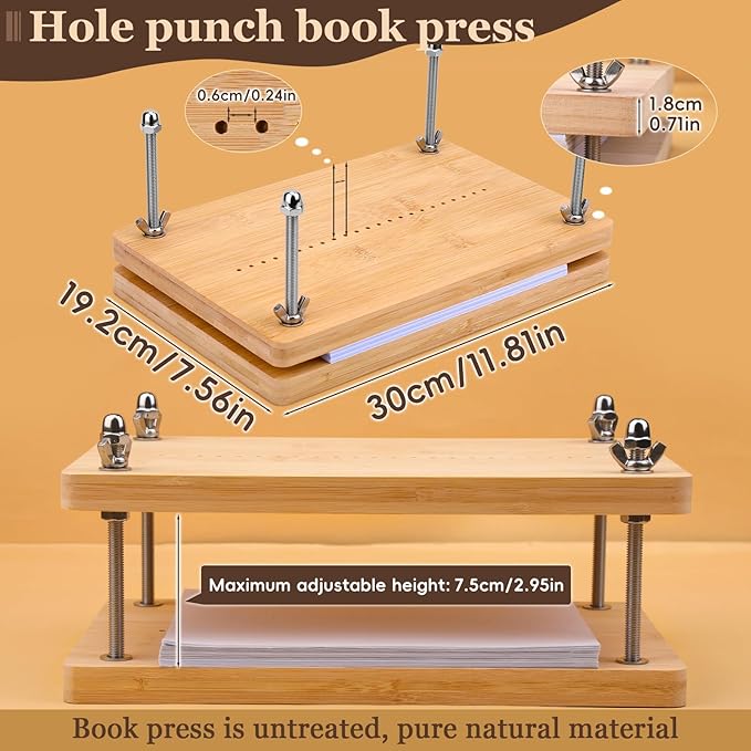 JUPEAN Bookbinding Kit, Book Making Kit, Bookbinding Punching Guide Set, 11.6”x7.9” Hole Punching Book Press Books Binding Materials with Bone Folder Awl Binding Strap for Craft DIY