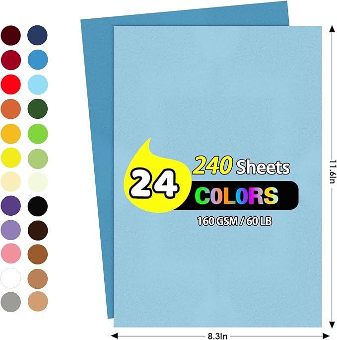 240 Pcs Colored Cardstock Paper Bulk, 24 Colors Card Stock 160 Gsm 60 Lb Colored Paper, 8.5×11 Color Cardstock for Printing Scrapbook Diy
