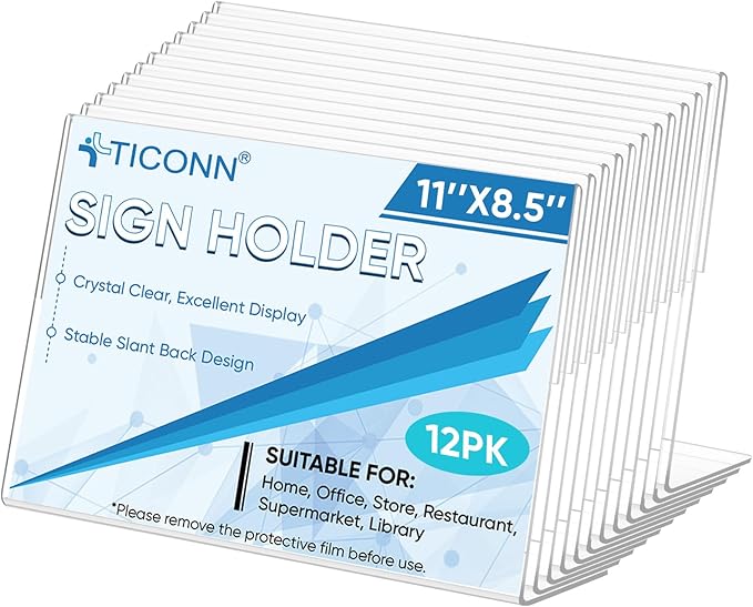 TICONN 11 x 8.5 Acrylic Sign Holder, L Shape Clear Sign Stand for Displaying, Plastic Paper Holder for Office, Store, Restaurant (Horizontal 12 Pack)