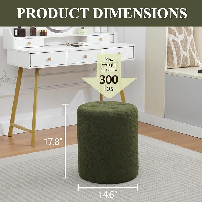 Modern Round Ottoman, Button-Tufted Foot Stool Ottoman, Teddy Fleece Upholstered Vanity Stool for Makeup, Bedroom, Living Room, Dark Green