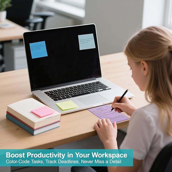 8 Pads Lined Sticky Notes 3x3 inch Self-Stick Notes Bright Colors Sticky Note for Office Home School