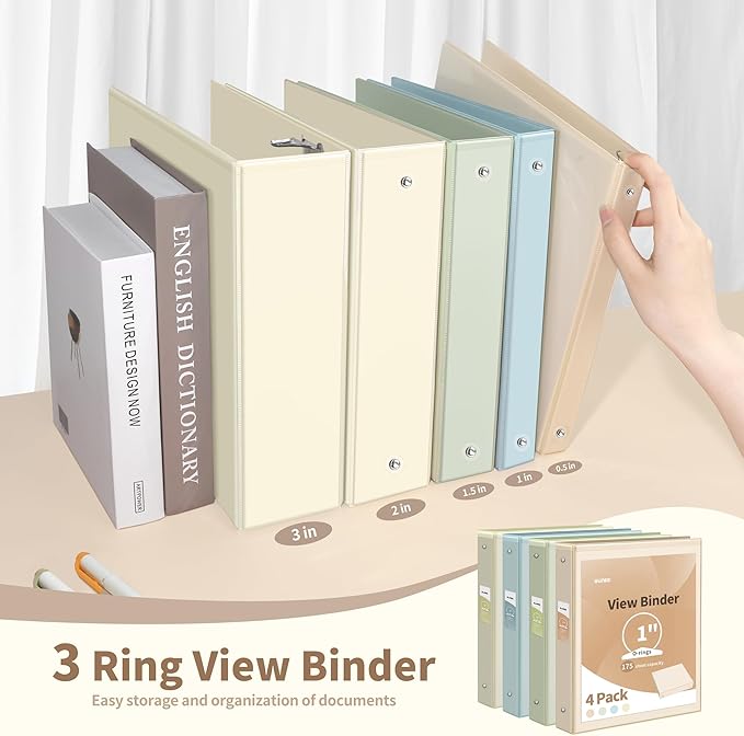 SUNEE 3 Ring Binder 1 Inch 4 Pack, Clear View Binder Three Ring PVC-Free (Fit 8.5x11 Inches) for School or Office Supplies, Neutral Aesthetic