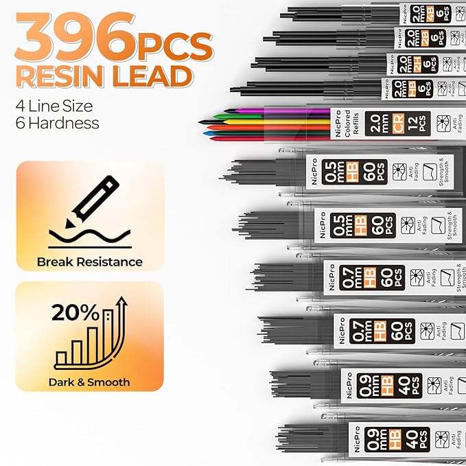 Nicpro 22PCS Art Mechanical Pencil Set, Black Artist Metal Drafting Pencil 0.5 & 0.7 & 0.9 mm & 2PCS 2mm Graphite Lead Holder(4B 2B HB 2H) for Drawing Writing Sketching With Lead Refills Erasers Case