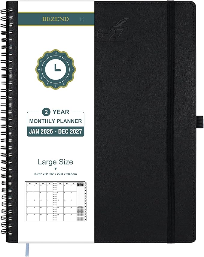 BEZEND Monthly Planner 2026-2027 (Spiral-8.5" x 11") 2 Year Calendar Book with Note Pages - Jan 26 to Dec 27-120 GSM Paper, Inner Pockets, Laminated Tabs, Vegan Leather Softcover - Black