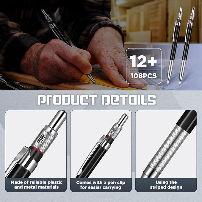 Nezyo 12 Pieces Welder Pencil with 108 Pieces Round Refills Mechanical Metal Pencil Marker with Built in Sharpener Pen for Construction Workers, Metal Work, Plumbers, Framers
