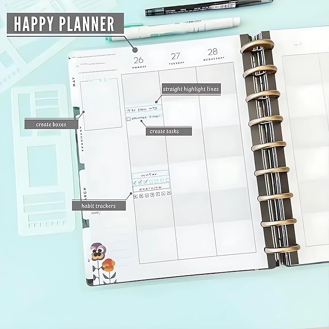 Handmade Flexible Record Template, 3-Pack Planner Stencils Set for Journaling, Habit Trackers, Task Lists & Daily Planning, Compatible with Dot Grid Journals, Coils, Discs & Rings (A)